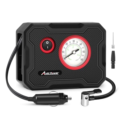 AVID POWER 12V Tire Inflator Portable Air Compressor, Portable Car Air Pump w/Display Gauge and LED Light, Air Pump for Car Tires, Bike, Motorcycle, Compact, Lightweight (Red)