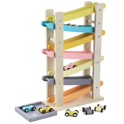 VioraWhite Wooden Car Ramp 7 Level Wooden Race Track with 7 Mini Car 1 Parking Lot Pastel Colors Ramp Racer Suitable for Christmas Birthday Gifts