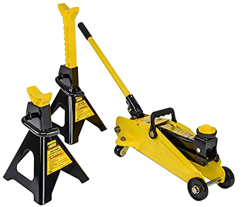 JEGS Hydraulic Utility Floor Jack and Jack Stands | 2-Ton Capacity | Heavy Gauge Steel Frames | Powder Coated Black and Yellow | Heavy Duty Caster Wheels on Floor Jack