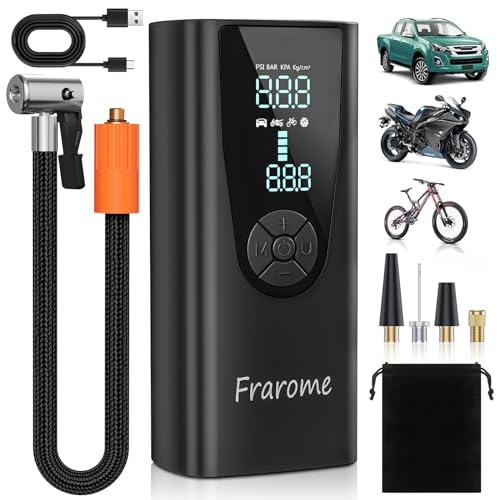 tire inflator portable air compressor, frarome 150psi portable air pump for car tires with 20000mah battery, auto-off bike pump with digital pressure gauge & emergency light for car, motorcycle, ball