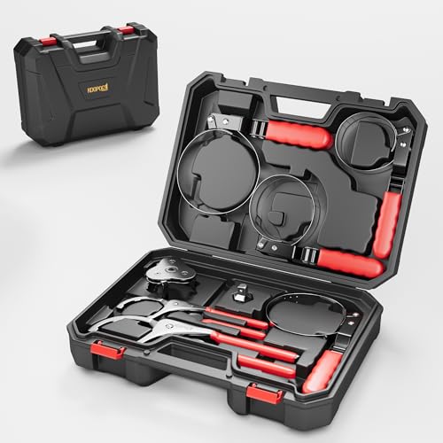 KOOPOOL Oil Filter Wrench Set, 8 Piece Adjustable Oil Filter Pliers 2-3/4' to 5-1/4', 9' & 12' Universal Oil Filter Removal Tool with 1/2' to 3/8' Adapter, Organized in Storage Case (8-Piece Set)