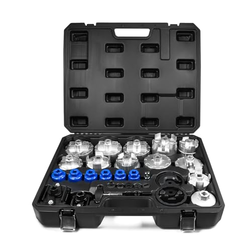 SMOTIVEPRO Professional Oil Filter Wrench Set 32-Piece, with Oil Filter Cap Removal Tool (63.5-100mm), Socket (24-38mm), Adjustable Wrench, Drain Plug Removal Tools and T-Handle (1/2' & 3/8' Drive)