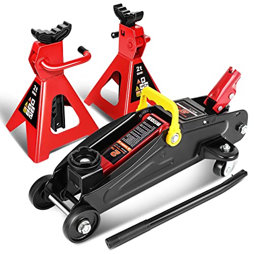 DNA MOTORING TOOLS-00280 Low Profile Hydraulic Trolley Service/Floor Jack Combo with 2 Ratchet Jack Stands, 2 Ton (4000 lbs) Capacity